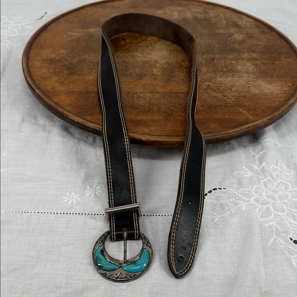 Liz Claiborne Belt Wm Black Leather Turquoise Silver Metal Vintage Boho Western